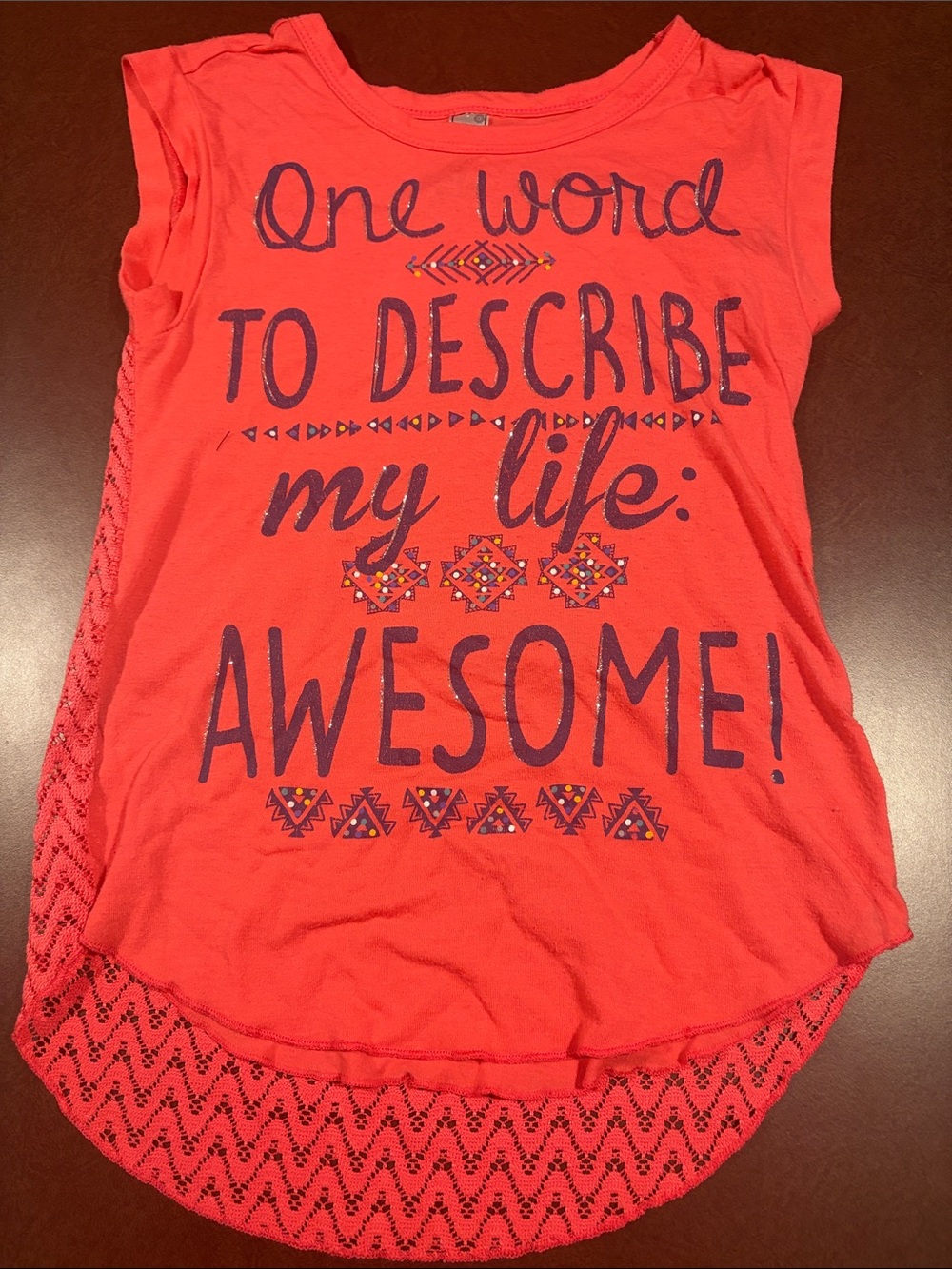 Beautees Coral Tank Top with Navy 'Awesome' Graphic and Crochet Hem